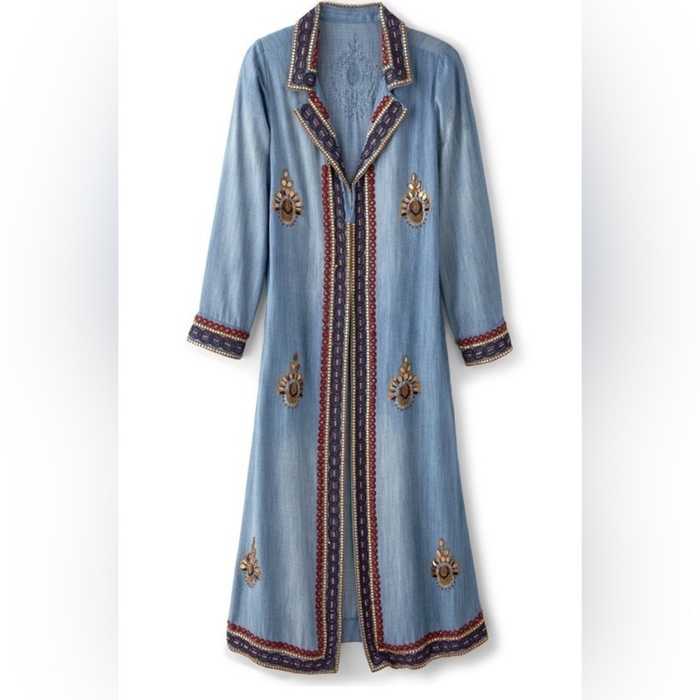 NWT Soft Surroundings Morena Duster denim jewel beaded boho long cardigan Medium - Picture 2 of 13